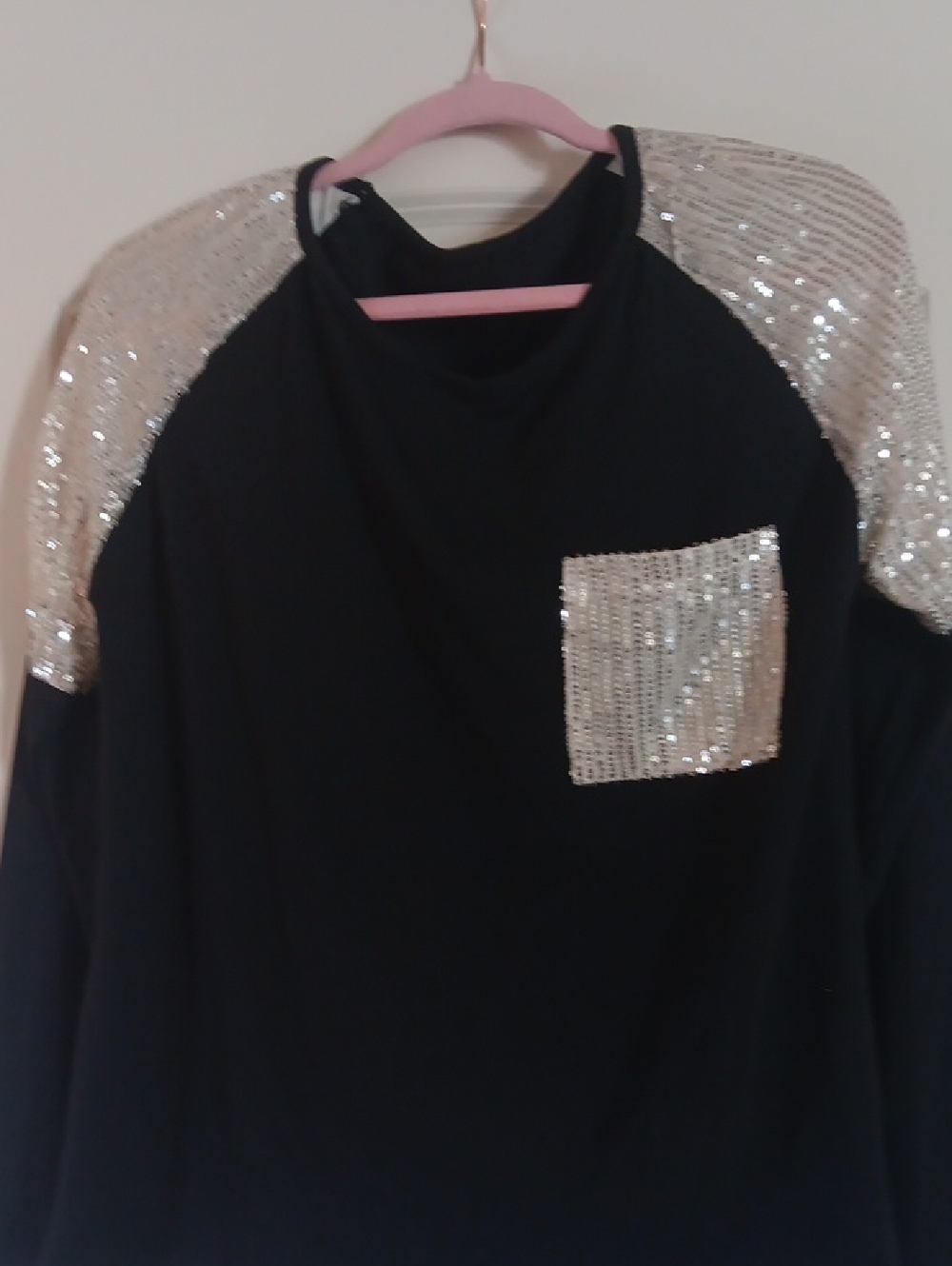 Womens Black Top with Gold Sequin Shoulders & Pocket